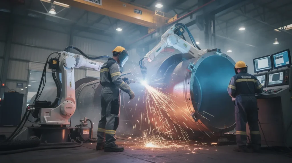 The image depicts workers in protective equipment operating automated welding machinery on a large industrial metal component, emphasizing the importance of safety standards and specialized training in nuclear welding processes. The scene showcases the precision and skills required for welding in the nuclear industry, particularly in the fabrication of pressure vessels and other critical components for power plants.