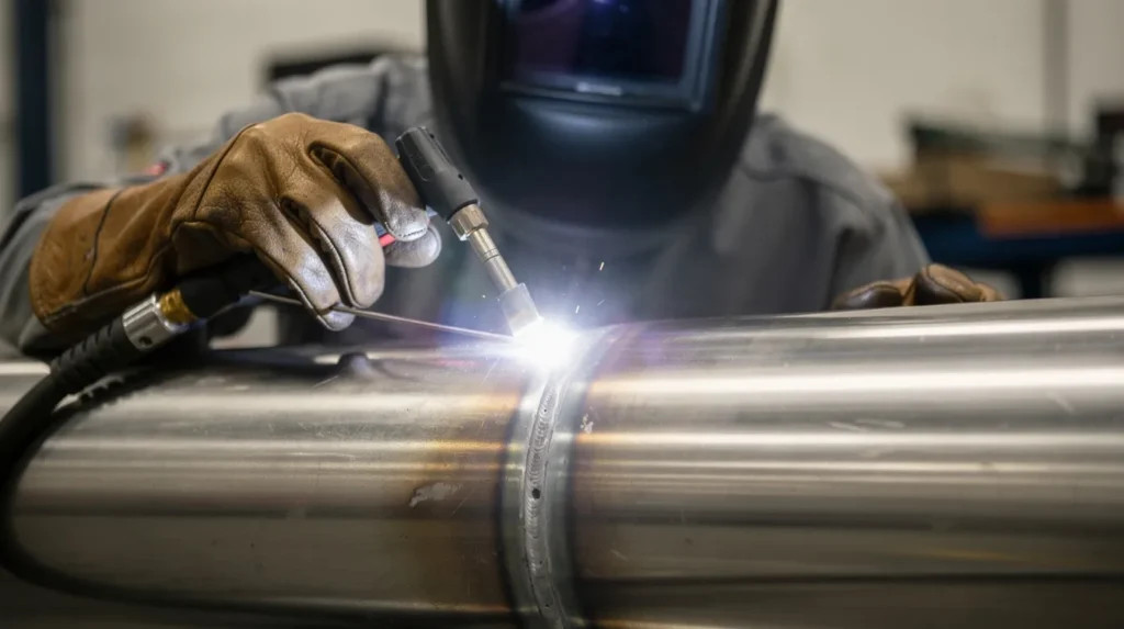 A close-up image shows a nuclear welder performing TIG welding on a large stainless steel pipe joint, with a bright welding arc illuminating the scene. The welder is wearing protective gloves, highlighting the importance of safety standards and specialized training in welding processes for nuclear facilities.